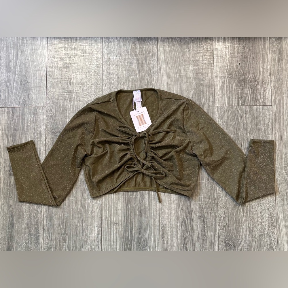 Rihanna Brand Savage X Fenty Olive Shimmer Ruched Tie-Front Crop Top Olive Green